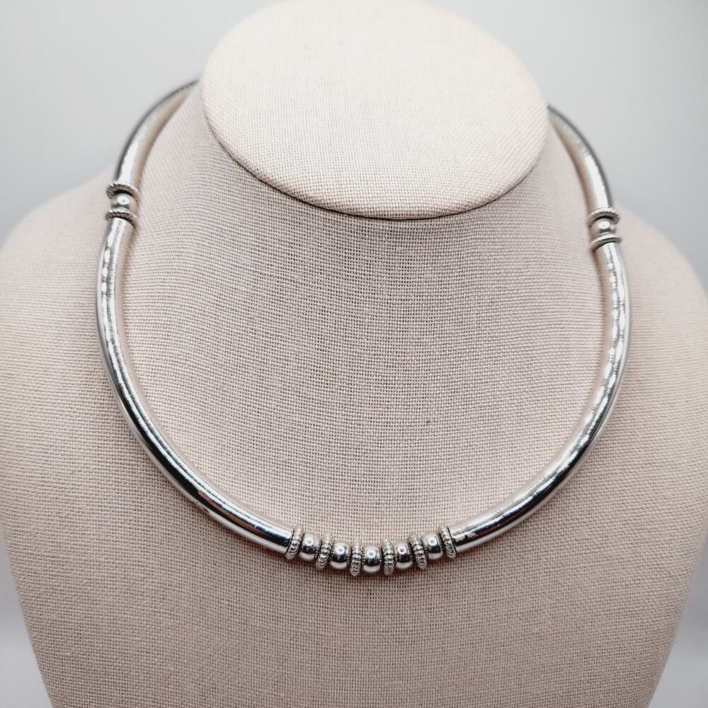 Vintage MONET Silver Tone Beaded Necklace 17 Inch Tubular Beads Signed